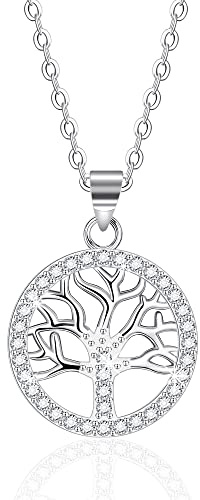 Viwind Damkedja livsträd halsband i 925 sterling silver hänge med gnistrande kubisk zirkonia smycken gåvor för kvinnor mor dotter mormor, Sterlingsilver, Kubisk zirkonia