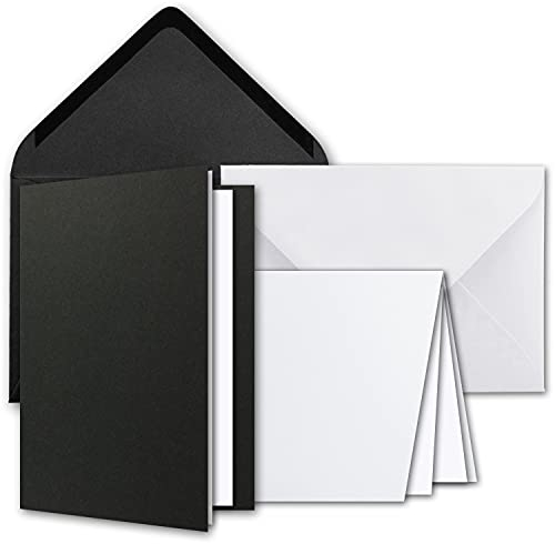 NEUSER PAPIER Kartenpaket DIN A6 + C6 in Schwarz und Weiß - 50 Doppelkarten und 50 Briefumschläge - Mit 50 Einlege-Faltblättern - Kartenset mit Umschlägen inklusive Geschenkschachtel