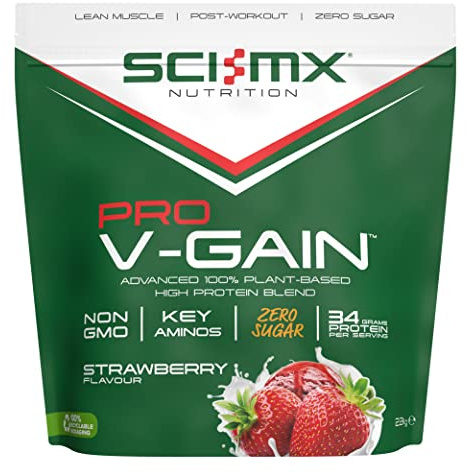 SCI-MX Pro-V Gain - 100% Vegan Strawberry Flavour Soy Protein Powder Isolate + B12 + Magnesium - Muscle Growth & Maintenance - Sugar Free, Non-GMO - 2.2KG (49 servings) 34g of protein per serving