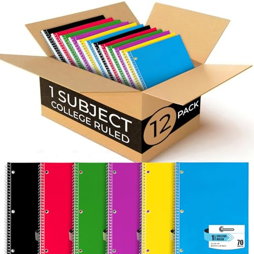 Rosmonde Spiral Notebook, 12 Pack, 1 Subject, College Ruled, 70 Sheets, 8 x 10-1/2, 3 Hole Punched, Bulk College Ruled Notebooks for School, Single Subject Spiral Notebook Bulk, Assorted Colors