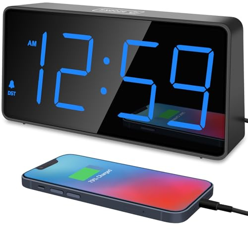 Peakeep Digital Alarm Clock for Bedroom Bedside, Loud Alarm Clock for Heavy Sleepers, Large Big LED Numbers for Seniors, Battery Backup Plug in Electric Clock with USB Charger (Blue)