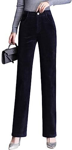 DISSA Femmes Pantalon Droit Bleu foncé Taille Haute Grande Taille Pantalon de Travail Velours côtelé Printemps et Automne Épais,EU 40,P12
