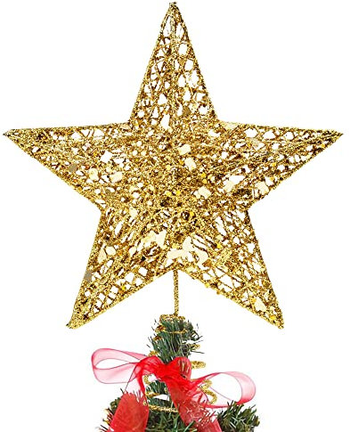 KEYIDO Christmas Tree Topper, Gold 3D Hollow Glitter Tree Star, 8 Inch Metal Christmas Treetop Star for Xmas Tree Topper Ornaments Christmas Home Decorations