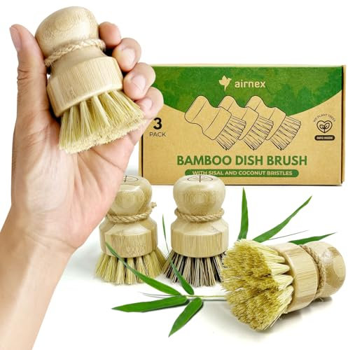 Bamboo Dish Brush Set of 3, 100% Plant-Based Washing Up Brushes for Kitchen with Sisal and Coconut Bristles, 2 Brush Types, No Scratch Wooden Dish Brush - Quick-Drying Odour Free Scrubbing Brushes