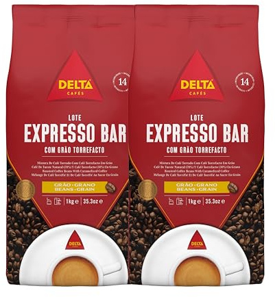 Delta Cafés - Café en Grano Espresso Bar - 2 Paquetes de 1 Kg - Intensidad 14 - Mezcla de Granos de Café Arábica y Robusta con Tueste Natural - Muy Aromático con Sabor a Palomitas y Especias.