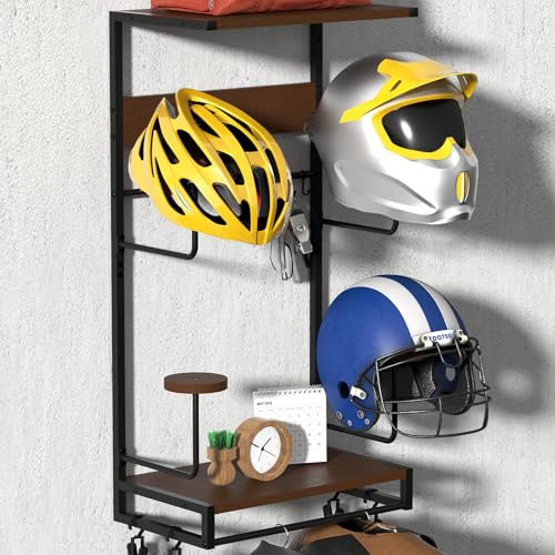 CASDUCT Support Casque Moto, Porte Casque Moto Mural pour Accrocher Le Casque et la Veste de Moto au Mur,Avec des planches en bois doubles，pour ranger vos accessoires de moto
