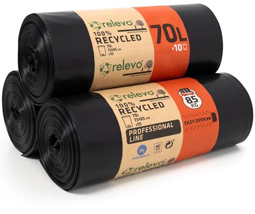 Relevo Bolsas de Basura Negras Profesionales – 70L (Ancho 73 cm × Alto 85 cm), 30 Bolsas (3 Rollos × 10 Bolsas) | Extra Fuertes y Antigoteo | 75 µm (Micras) | 100% LDPE Reciclado