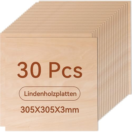 ROWOOD Lot de 30 plaques de contreplaqué de 3 mm - 305 x 305 mm - En bois de tilleul non traité - Pour modélisme, découpe laser, gravure sur bois, peinture CNC