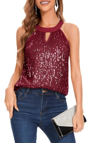 DRESSTELLS Top da donna con paillettes, canottiera senza maniche per l'estate, Borgogna, L