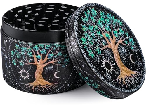 Anuvice Grinder Métal 4 en 1, Moulin à Épices, Herbes, Pollen, Café, Alliage de Zinc Noir, Manuel, 63 mm, Broyage Efficace, Filtre, Mini Spatule, Arbre de la Vie