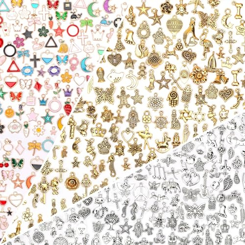 SANNIX 350Pcs Charm for Jewelry Making, Assorted Gold Enamel Charms, Mixed Bulk Antique Gold Tibetan Silver Jewelry Bangle Charm Pendants for Bracelet Necklaces Earrings Making Supplies