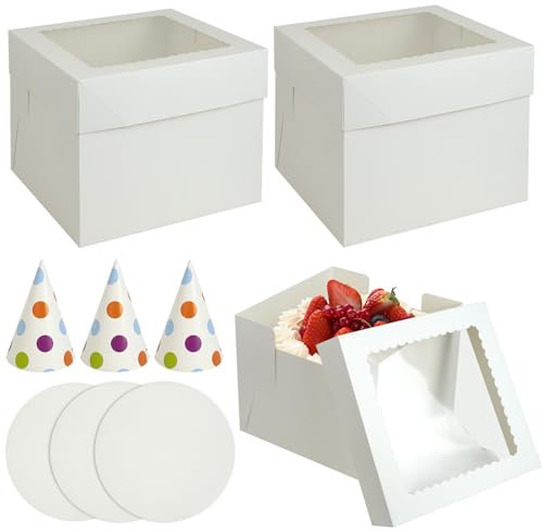 Cajas Para Tartas Con Ventana - 3 Caja Tarta Con Sombreros de Fiesta Y Bandeja Redondas Para Tartas, Caja de CartóN Para Tarta Blancas Para Transporte Y Almacenamiento de Pasteles 25.5x25.5x20.5cm