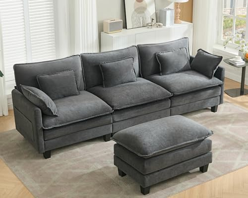SITURAY Doppellagige Ecksofa Modulares Sofa, Wohnlandschaft L-Form Cloud Couch mit Ottomane, Chenillestoff Eckcouch Corner Sofa mit Schlaffunktion für Wohnzimmer Schlafzimmer (Grau, 3 Sitzer)