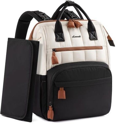 LOVEVOOK Sac à Dos à Langer pour Bébé, Sac à Couches Imperméable avec Tapis à Langer, Sac Maman Organiseur avec Fixations pour Poussette, Sac à Dos de Voyage pour Maman et Papa, Noir-beige-marron