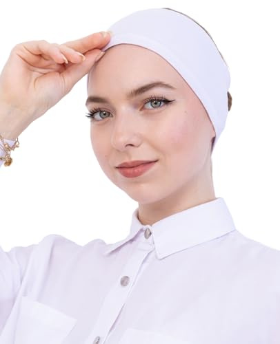 Prien Bonnet Hijab Femme Musulmane en Coton, Sous-Voile Pré-Cousu Extensible, Bandeau Antidérapant Confortable pour Prière, Foulard Écharpe Islam Quotidien (Blanc)