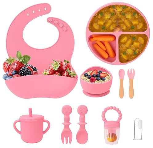 LEGTA Baby Weaning Set, BPA-Free Silicone Suction Plate, Bowl, Bib, Straw Sippy Cup, 2 Spoons, 2 Forks, Fruit Feeder with Extra Nipple, Toddler Feeding Set (Pink)