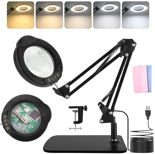 IGUGI 2 in 1 Lampada con Lente d’Ingrandimento,10-15X Lente di Ingrandimento con Luce,9 Livelli Luminosità,Testa Girevole 360°,Lampada da Tavolo con 5 Modalità Colore per Riparazione,Lavoro Manuale