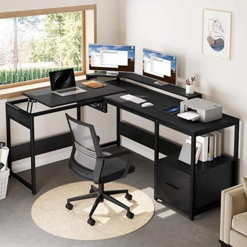 DWVO L Shaped Desk with Lift Top, 65 Adjustable Standing Desk with File Drawer, Corner Computer Desk with Storage Shelves,Home Office Desk, Black