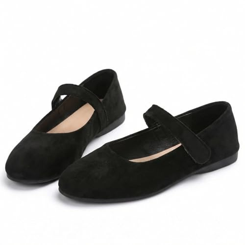 Zapatos ortopédicos Mary Jane de gamuza para mujer, cómodos zapatos planos Mary Jane con correa, puntera redonda, zapatos de ballet de ajuste ancho, Black, 40 EU