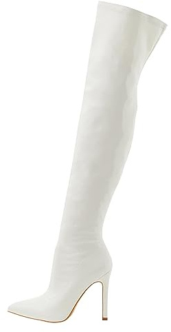 Talon Haut en Cuir laqué Doux Fermeture à glissière intérieure Élastique extérieur à la Mode sur Les Bottes Pointues Genou (White, 37)