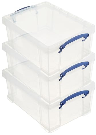Really Useful Box Stackable 9 Liter Plastic Storage Container Bin with Snap Lid and Built-In Clip Lock Handles for Home & Office Organization (3 Pack)