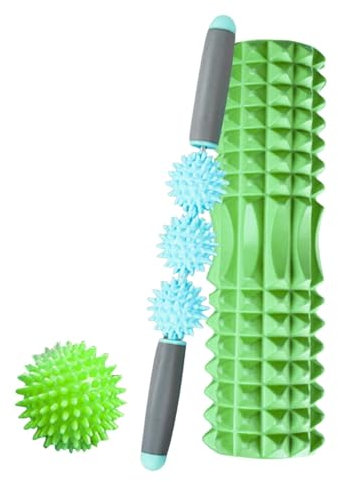 Pack Rodillo, Pelota y Barra Masajeadora. Rodillo de Espuma para Terapia, Masaje Muscular, Pilates y Yoga. Fitness Foam Roller. Cilindro de gomaespuma para Alivio de Dolores y Entrenamiento 45cm