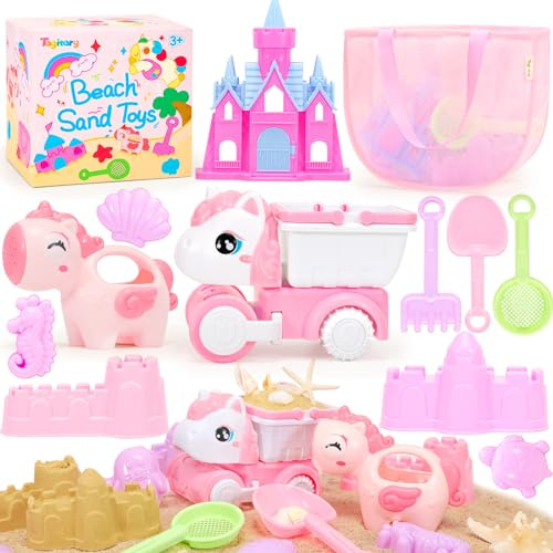 Tagitary Beach Toy Unicorn Sand Toys for Kids,Sand Castle Toys for Beach with Mesh Bag,Sand Shovels,Castle Kits,Sifters,Unicorn Watering Can and Truck,Beach Essential Outdoor Toys for Kids