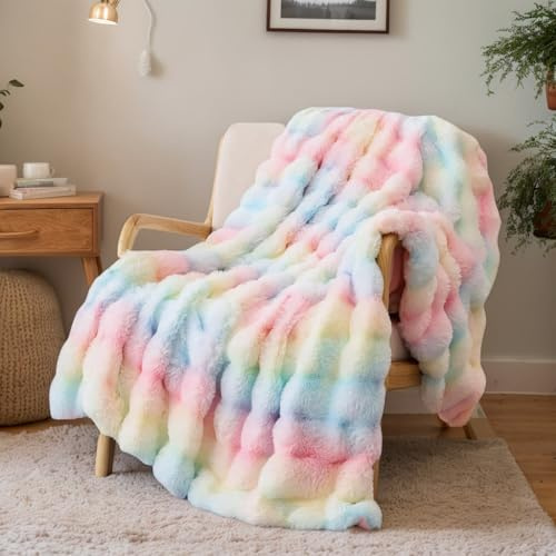 SHANNA Soft Warm Rabbit Plush Fleece Blankets Thick 1000 GSM Throws for Sofa Large Fluffy Versatile Blanket Bed Throw for Bedroom, Couch, Travel, Kids, Camping (Rainbow, 100 * 160cm)