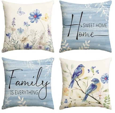 AVOIN colorlife Spring Saying Flowers Butterfly Bird Throw Pillow Covers, 18 x 18 Inch Home Sweet Home Blue Cushion Case for Sofa Couch Set of 4
