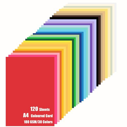 120 ark färgat kartongpapper A4 297 x 210 mm – dubbelsidigt kartongfärgat papper för scrapbook inbjudningar gör-det-själv hantverk korttillverkning, 30 blandade färger, 180 GSM