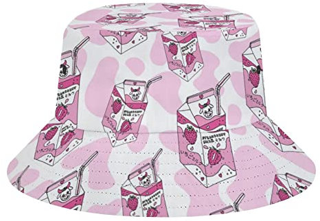 peiyeety Cow Strawberry Milk3 Cow Strawberry Bucket Hat Strand Fisherman Hats für Damen Herren Teens Packable Sommer Sun Hats Travel Outdoor Cap Unisex