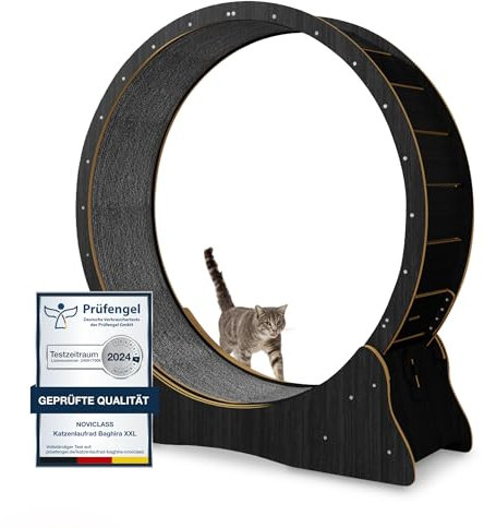 noviclass® Katzenlaufrad Baghira Groß XXL | 132cm Durchmesser Artgerecht für große Katzen | Kratzfest, stabil und leise | Gratis Spielzeug und E-Book | Geprüfte Qualität (Schwarz)