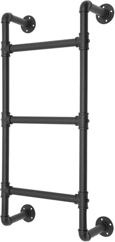 3-Rung Bunk Bed Ladder, 3.3x1.5FT Wall Mount Basement Window Well Egress, Black Wrought Iron Industrial Pipe Step Loads 330lbs, Indoor Outdoor Metal for Attic Loft Dorm RV Deck