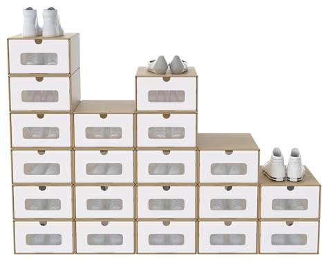 NAIZY - Set di 20 scatole portascarpe impilabili in carta kraft con coperchio e finestra per scarpe e accessori, 34,5 x 23,5 x 13,5 cm