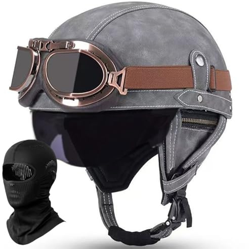 Deutscher Leder-Motorrad Halbhelm Vintage Halbmasken-Helm Erwachsene Männer Frauen Leichter Retro-Helm mit Offenem Gesicht für Moped Fahrrad Cruiser Scooter Chopper, ECE-geprüft