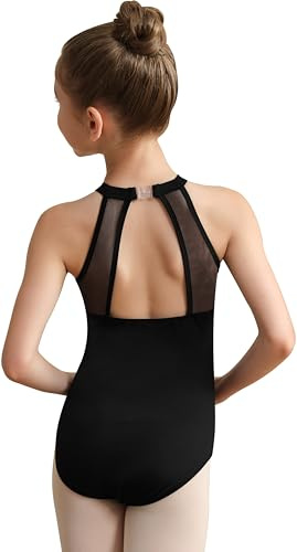 Babene Girls Black Mesh Leotard for Dance Halter Neck Ballet Outfit, Hollow Back, Waist splicing(ZF257142-06-L)