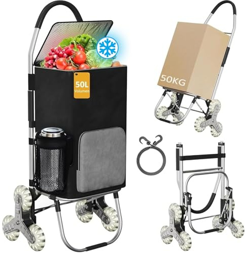 DROMEZ Carro de la Compra Plegable - 50L Carrito Compra 6 Ruedas para Subir Escaleras - Compartimento Térmico - Bolsa Oxford Impermeable Desmontable - Carga 50kg - Carro de Aluminio, Negro Gris