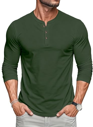 MAGCOMSEN Henley T-Shirt Men Moisture Wicking Soft T Shirt Plain Tops Cotton Casual Long Sleeve Shirts,Army Green,L