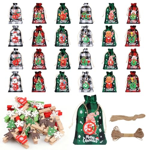 duisoad 24 Pezzi Calendario Avvento Fai da Te 15 x 10 cm Calendario Avvento Fai da Te 2025 Sacchetti Calendario Avvento da Riempire per Decorazioni Natalizie Fai da Te