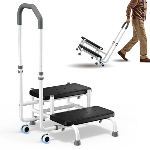 2 Step Stool with Handle for Elderly, 2 Lockable Wheel - Bed Steps for High Beds for Adults, 4.3 in Widened Spacing, 5 Level Adjustable Handrail, Foot Stool, for Bedside, Kitchen, RV, Bathtub (White)