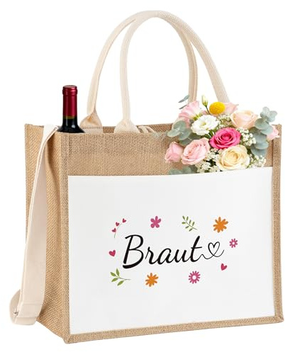 BYELTCUCN Vikbar shoppingväska i jute - present till kvinnor, mamma, mormor, flickvän och kollega - till födelsedag, jul och mors dag, Braut, Talla única