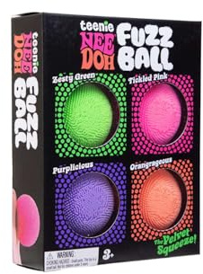 NeeDoh Teenie Fuzz Ball Multipack | Schylling Small Velvet Squeeze Fidget Toy Set | Mini Soft Stress Balls for Kids & Adults | Fuzzy Tactile Sensory Toys 4 Pack | Novelty Gift Sets for 3+ Year Olds