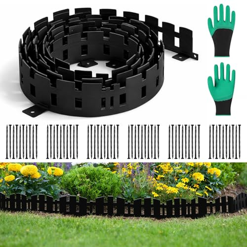 Borde de césped de plástico de 10 m, borde flexible para jardín con 60 anclajes y guantes, borde para césped, parterres y caminos, borde de corte (negro, 10 m)
