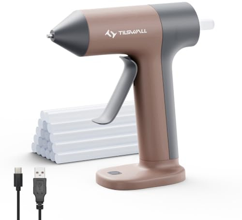 Tilswall Cordless Hot Glue Gun, W106, 30s Fast Preheat with Smart Power-Off | Glue Gun Cordless & Rechargeable with 2Ah Built-in Battery, 20 Premius Glue Sticks, Ideal for DIY Craft, Repaire Brown