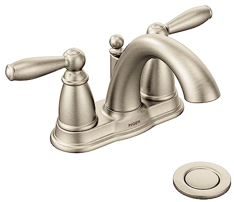 Moen Brantford Brushed Nickel Two-Handle Low-Arc Centerset Bathroom Faucet with Drain Assembly, 6610BN
