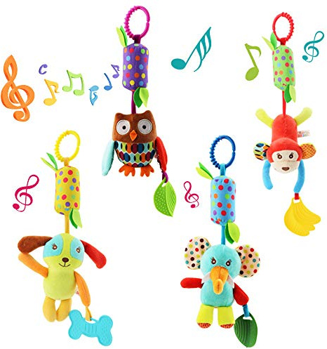 Joyshare 4 PCS Baby Soft Hanging Rattle Crinkle Squeaky Toy - Baby Toys for 0 3 6 9 to 1 Animal Ring Plush Stroller Infant Car Bed Crib Travel Activity Hanging Wind Chime with Teether for Boys Present