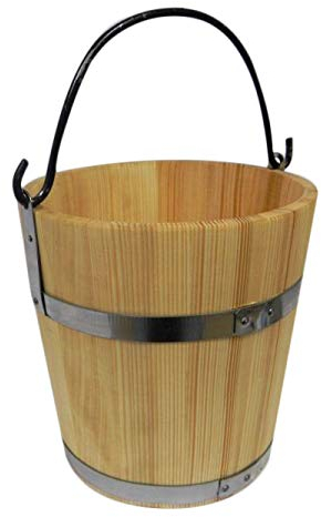 Wooden World - Grand Seau en Bois avec Anneau et Anse en métal 6 litres - Style Ancien très Solide - Seau de Sauna