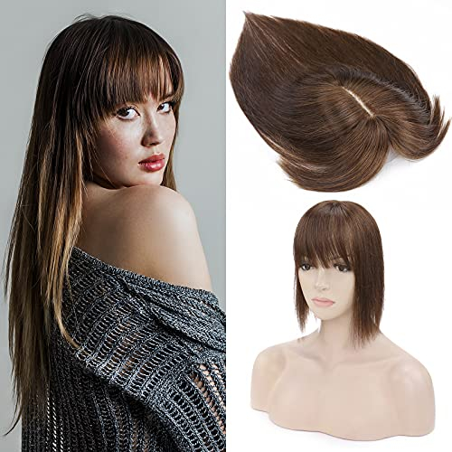 Silk-co Toupet Capelli Donna Veri con Frangia Extension Clip Capelli Umani 7x13cm Base in Seta 27g Hair Topper 15cm - 4 Marrone Cioccolato