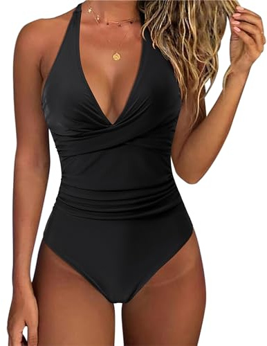 SUUKSESS Women Sexy Tummy Control One Piece Swimsuits Halter Push Up Monokini Bathing Suits (Black, XL)