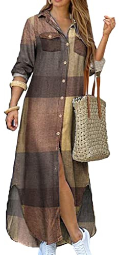 OMZIN Cardigans d'Été Décontractés pour Femmes à Manches 3/4 Retroussées Chemisier Robe Chemise Kaki XL